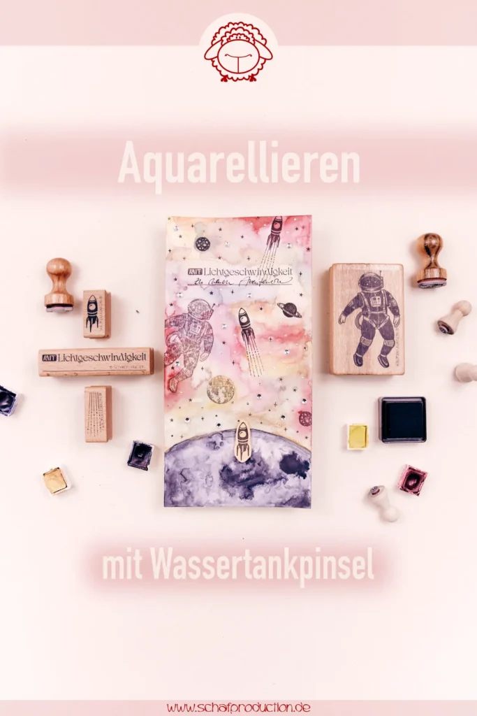 DIY Karte: Galaktisches Aquarell-Design mit Mond, Astronaut und Glitzer Details